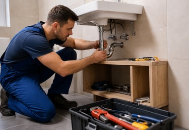 Réparation de lavabo et travaux de plomberie réalisés par un plombier qualifié en France.