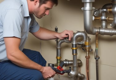 A small automotive repair shop with a distinctive red and white facade, located on a quiet street. The building is one story with large glass windows and a sign displaying the name of the business. A black car is parked in front of one of the garage doors. Tree-lined streets with houses are visible in the background, bathed in the soft light of late afternoon.