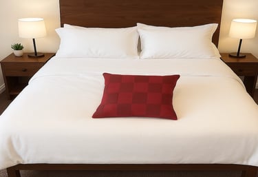 A neatly made bed with white sheets and vibrant red pillows.