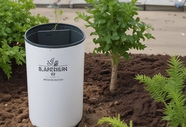 Several hands are holding various gardening and plant care products against a light background. These include a pink banner with bold red text, a bottle of plant spray, gardening tags, bottles of liquid fertilizer, and bags of plant soil labeled in German.