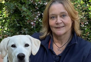 A woman is sitting with her arm around a young yellow labrador