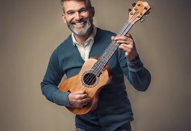a man smiling while playing ukulele