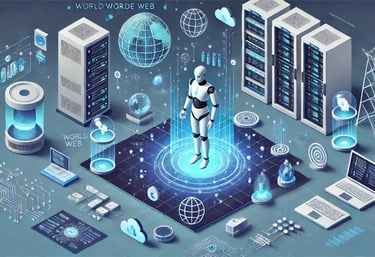 Humanoider Roboter mit Server, Laptop und Weltkugel drum herum