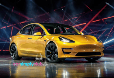 a yellow tesla model 3 electric car on display at the tesla plant