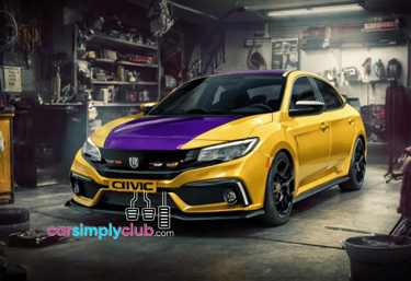 a yellow and purple honda civic in a home garage