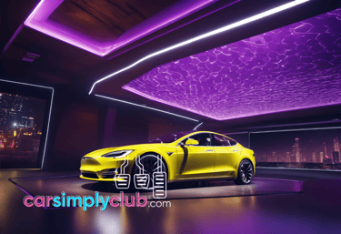 a yellow tesla is shown in a showroom