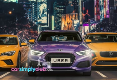 a purple and yellow uber car on the road in a cityscape
