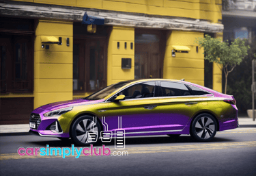 a Hyundai Sonata hybrid a purple and yellow car paint job