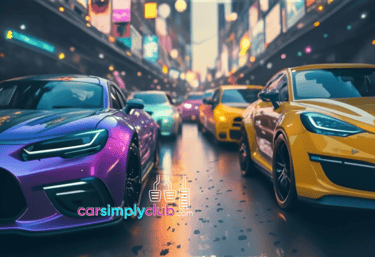 a purple and car yellow car with a colorful cars in the middle of a city