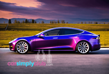 E.V: a purple and blue tesla model s parked in a parking lot
