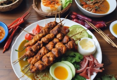 A dish arranged on a banana leaf placed over a wooden table. The meal consists of vegetables and pieces of tofu or tempeh topped with a rich-looking sauce. The setting appears to be a casual dining area with wooden chairs in the background.