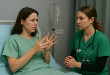 Alt= mulher surda explica em sinais o que sente para a mulher médica