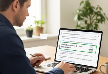 Alt= Homem usando notebook pesquisando por curso de libras para empresas