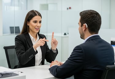 Alt= homem surdo usando aparelho auditivo mulher explica usando Libras