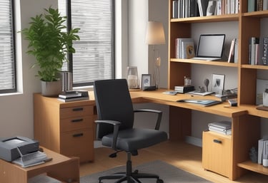 an office desk with a executive high-back chair  and corner bookcase behind it. 