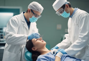 A dentist and a patient are in a dental office. The dentist, wearing scrubs, is pointing at a laptop on a mobile dental unit. The patient, seated in the dental chair, is looking at the screen with a smile. The room contains dental equipment and art featuring teeth on the wall.