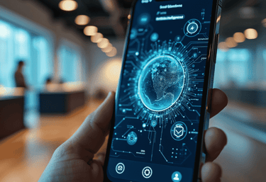 a person holding a cell phone with a futuristic interface