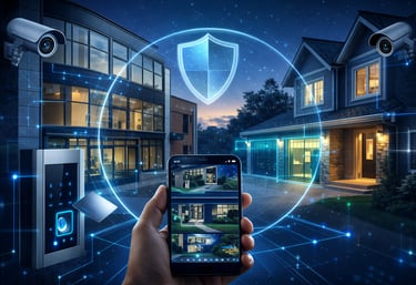 Smart security system with mobile app monitoring, outdoor cameras, and digital shield overlay.
