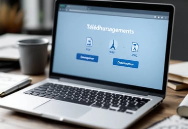 Ordinateur portable affichant une page web en français avec divers éléments téléchargeables sur un bureau.