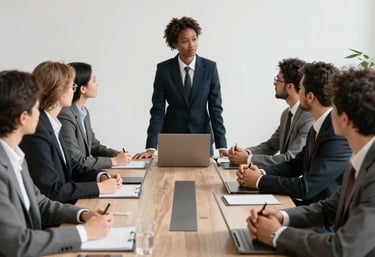 A sleek, modern office space with a team collaborating over marketing strategies, reflecting professionalism and focus.
