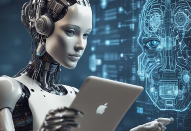 Four small, white robot figures are sitting in a row, each with a laptop in front of them. They have round bodies and blue accents, with 'AI' displayed on their chests. The background is minimal and light gray, emphasizing the robots and their computers.