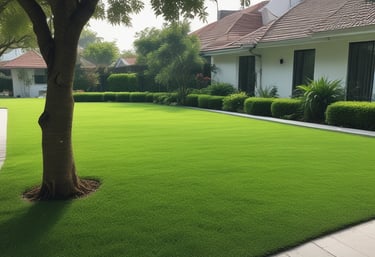A person operates a green ride-on lawnmower, cutting grass around a small bush on a well-maintained lawn.