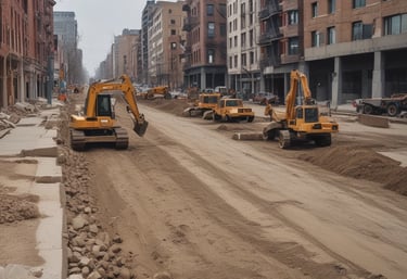 An urban setting with a construction site featuring a portable cabin with a barred window. A worn-out couch is placed next to the cabin on a patch of concrete. Nearby, construction pipes are stacked, and there are several shopping carts filled with debris. Apartment buildings border the background, with a commercial building visible on the right displaying a store logo.