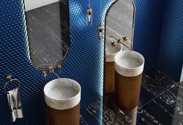 a bathroom with a blue tiled wall and a mirror
