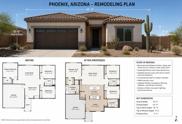 Home remodeling plan in Phoenix, Arizona showing before and after floor plans and a modern exterior rendering.