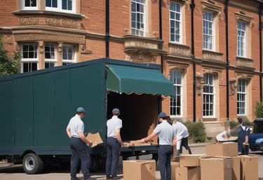 team of removal worksers loading elegant furniture & boxes from off the floor outside a stately home