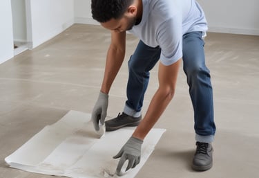 a man is standing on a piece of paper with a glove on his hand