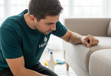 Técnico da Higienika procurando manchas e nódoas no sofá
