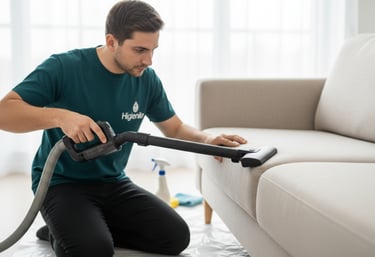 Técnico da Higienika aspirando sofá