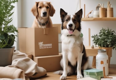 A collection of eco-friendly pet products displayed in a bright, inviting environment.