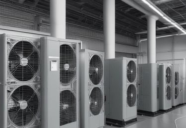 An industrial setting with numerous air conditioning units and large metallic pipes attached to the exterior of a weathered, multi-story building. The walls show signs of wear, with peeling paint and visible stains. The area appears cluttered with wiring and equipment, suggesting a functional but neglected environment.