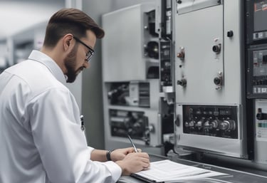 A professional engineer inspecting machinery in a workshop.