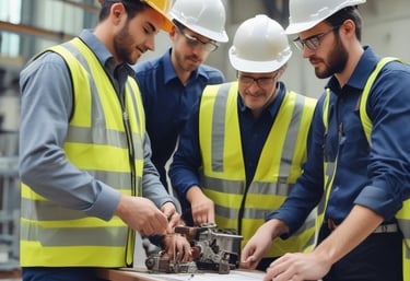A team of engineers discussing project plans at a construction site.