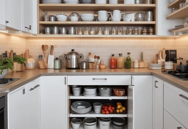 A bright and organized living room with neatly arranged furniture and decor.
