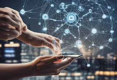 A person holds a smartphone that displays a website in French offering a simple and effective solution for managing social networks. The smartphone screen shows vibrant colors including purple and red text, and the background features green leaves.