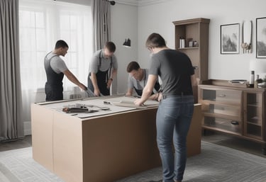 Professional handyman assembling furniture in a modern living room.