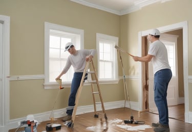 A handyman assembling a modern kitchen cabinet with precision and care in a bright room.