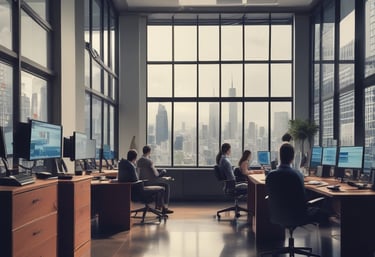 Professional traders discussing market strategies in a modern office setting.