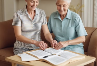 A smiling caregiver and senior sharing a moment of companionship outdoors.