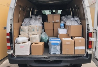 A delivery van parked outside a medical facility, ready to transport important items.