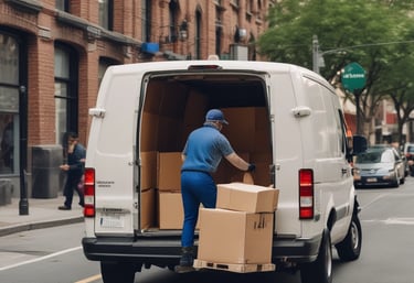 A delivery person loading a box into a van on a city street.