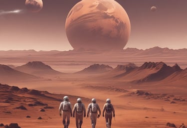 A futuristic setting with a large, iconic spacecraft positioned in front of towering rock formations that resemble a spaceport or otherworldly cityscape. The environment is bustling with visitors, some wearing hats, against a cloudy sky.