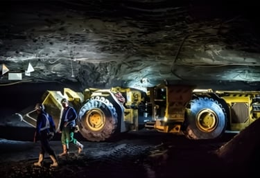 Dwaj górnicy idą obok ładowarki górniczej w kopalni