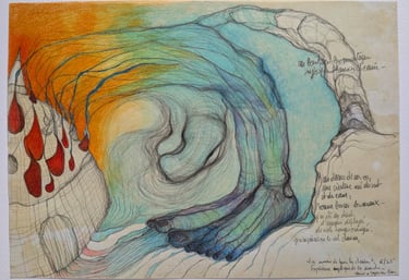 karine-nguyen-van-tham-la nonne de tous les chemins, dessin sur papier huilé, pieds paysage