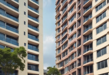 A cityscape with a real estate sign in the foreground, prominently displaying the name and phone number. Surrounding the sign are various buildings with different architectural styles, some with scaffolding and green netting. The scene features a mix of older, worn structures alongside modern glass-fronted buildings. Power lines and construction materials add to the urban complexity.