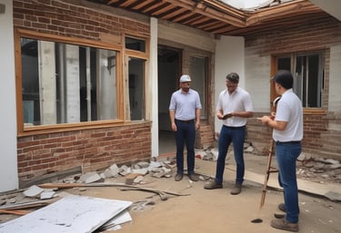 A partially constructed or renovated interior space featuring exposed brick walls and wooden ceilings. A white door is visible in the background next to a red painted wall. A plastic sheet covers furniture on the right side, and there are construction materials scattered across the floor.
